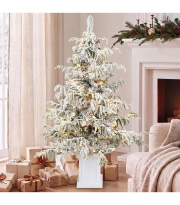 HOMCOM 4ft Prelit Flocked Christmas Tree, Artificial Snow Flocked Spruce with 160 Warm White LED Lights, 8 Modes, Green