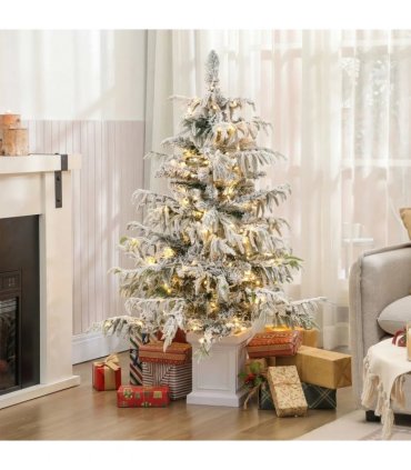 HOMCOM 4ft Prelit Flocked Christmas Tree, Artificial Snow Flocked Spruce with 160 Warm White LED Lights, 8 Modes, Green