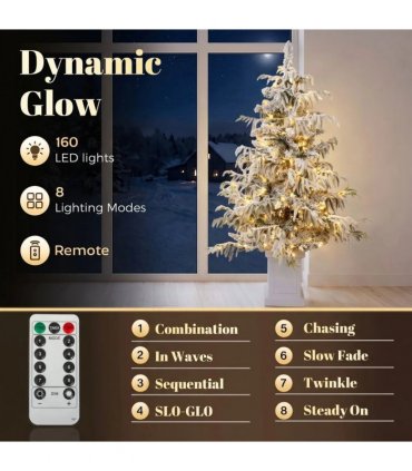 HOMCOM 4ft Prelit Flocked Christmas Tree, Artificial Snow Flocked Spruce with 160 Warm White LED Lights, 8 Modes, Green