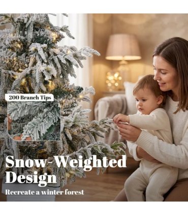HOMCOM 4ft Prelit Flocked Christmas Tree, Artificial Snow Flocked Spruce with 160 Warm White LED Lights, 8 Modes, Green