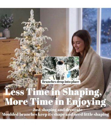 HOMCOM 4ft Prelit Flocked Christmas Tree, Artificial Snow Flocked Spruce with 160 Warm White LED Lights, 8 Modes, Green