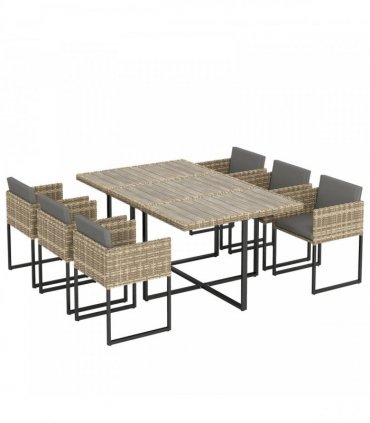 Outsunny 7 Piece Rattan Garden Furniture Set, Garden Dining Set with Wood-Plastic Table and 6 Stackable Chairs, Light Brown