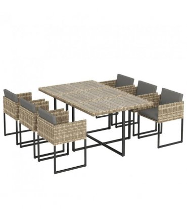 Outsunny 7 Piece Rattan Garden Furniture Set, Garden Dining Set with Wood-Plastic Table and 6 Stackable Chairs, Light Brown