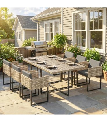 Outsunny 7 Piece Rattan Garden Furniture Set, Garden Dining Set with Wood-Plastic Table and 6 Stackable Chairs, Light Brown