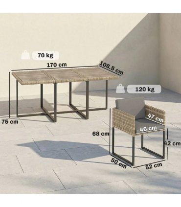 Outsunny 7 Piece Rattan Garden Furniture Set, Garden Dining Set with Wood-Plastic Table and 6 Stackable Chairs, Light Brown