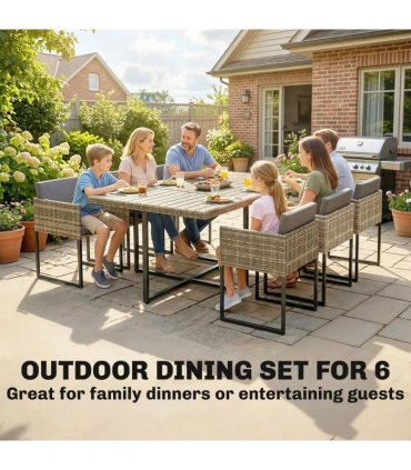 Outsunny 7 Piece Rattan Garden Furniture Set, Garden Dining Set with Wood-Plastic Table and 6 Stackable Chairs, Light Brown