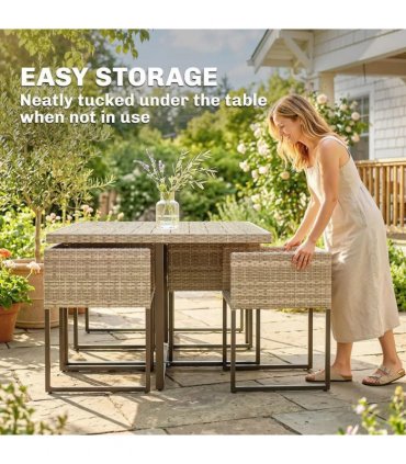 Outsunny 7 Piece Rattan Garden Furniture Set, Garden Dining Set with Wood-Plastic Table and 6 Stackable Chairs, Light Brown