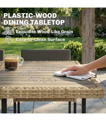 Outsunny 7 Piece Rattan Garden Furniture Set, Garden Dining Set with Wood-Plastic Table and 6 Stackable Chairs, Light Brown