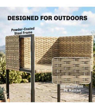 Outsunny 7 Piece Rattan Garden Furniture Set, Garden Dining Set with Wood-Plastic Table and 6 Stackable Chairs, Light Brown