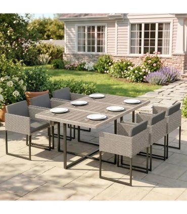 Outsunny 7 Piece Rattan Garden Furniture Set, Garden Dining Set with Wood-Plastic Table and 6 Stackable Chairs, Light Grey