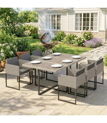 Outsunny 7 Piece Rattan Garden Furniture Set, Garden Dining Set with Wood-Plastic Table and 6 Stackable Chairs, Light Grey