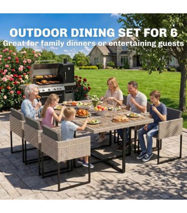 Outsunny 7 Piece Rattan Garden Furniture Set, Garden Dining Set with Wood-Plastic Table and 6 Stackable Chairs, Light Grey