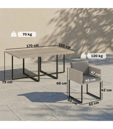 Outsunny 7 Piece Rattan Garden Furniture Set, Garden Dining Set with Wood-Plastic Table and 6 Stackable Chairs, Light Grey