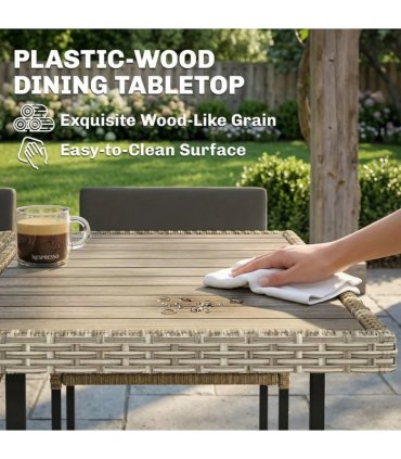 Outsunny 7 Piece Rattan Garden Furniture Set, Garden Dining Set with Wood-Plastic Table and 6 Stackable Chairs, Light Grey