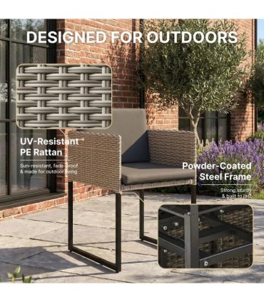 Outsunny 7 Piece Rattan Garden Furniture Set, Garden Dining Set with Wood-Plastic Table and 6 Stackable Chairs, Light Grey