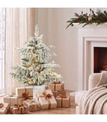 HOMCOM 3ft Prelit Flocked Christmas Tree, Artificial Snow Flocked Spruce with 100 Warm White LED Lights, 8 Modes, Green