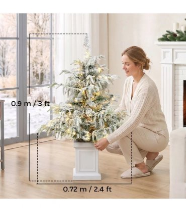HOMCOM 3ft Prelit Flocked Christmas Tree, Artificial Snow Flocked Spruce with 100 Warm White LED Lights, 8 Modes, Green