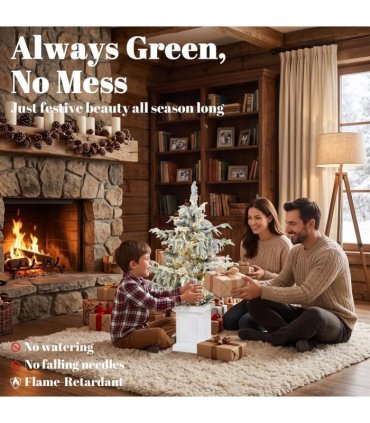 HOMCOM 3ft Prelit Flocked Christmas Tree, Artificial Snow Flocked Spruce with 100 Warm White LED Lights, 8 Modes, Green
