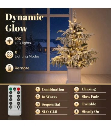 HOMCOM 3ft Prelit Flocked Christmas Tree, Artificial Snow Flocked Spruce with 100 Warm White LED Lights, 8 Modes, Green