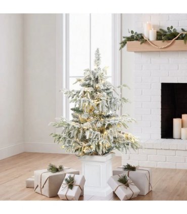 HOMCOM 3ft Prelit Flocked Christmas Tree, Artificial Snow Flocked Spruce with 100 Warm White LED Lights, 8 Modes, Green