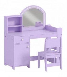 AIYAPLAY Kids Vanity Table and Chair Set, Kids Vanity Table with 2-Colour LED Mirror, Stool, Cabinet, Drawer, Shelves, Purple