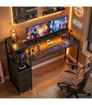 HOMCOM 147cm Gaming Desk with Charging Station and Monitor Stand, Computer Table for Home Office with RGB Lights, Black