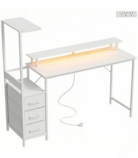 HOMCOM 147cm Gaming Desk with Charging Station and Monitor Stand, Computer Table for Home Office with RGB Lights, White