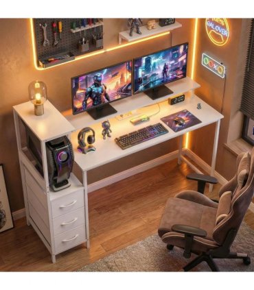 HOMCOM 147cm Gaming Desk with Charging Station and Monitor Stand, Computer Table for Home Office with RGB Lights, White