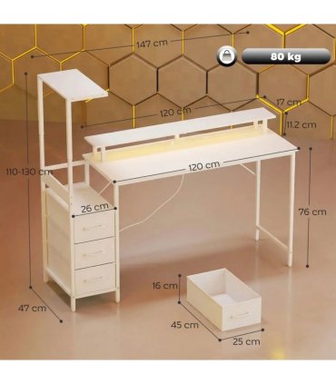 HOMCOM 147cm Gaming Desk with Charging Station and Monitor Stand, Computer Table for Home Office with RGB Lights, White