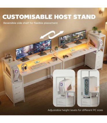 HOMCOM 147cm Gaming Desk with Charging Station and Monitor Stand, Computer Table for Home Office with RGB Lights, White