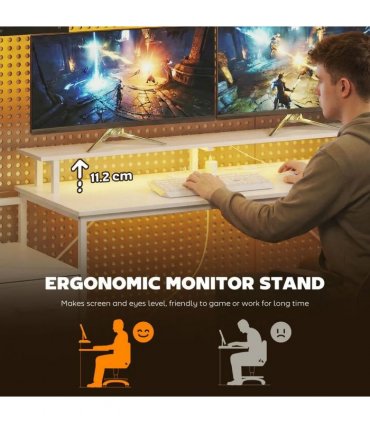HOMCOM 147cm Gaming Desk with Charging Station and Monitor Stand, Computer Table for Home Office with RGB Lights, White