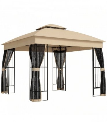 Outsunny 3 x 3 m Outdoor Garden Gazebo with Post Shelves, UPF50 Double Roof Patio Permanent Pavilion, Brown