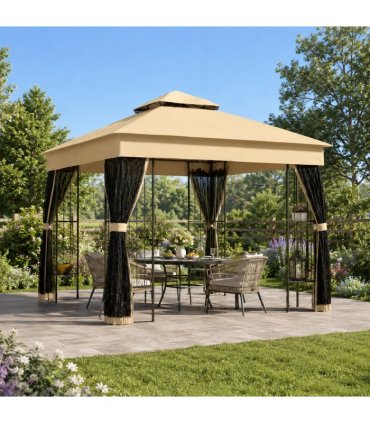 Outsunny 3 x 3 m Outdoor Garden Gazebo with Post Shelves, UPF50 Double Roof Patio Permanent Pavilion, Brown
