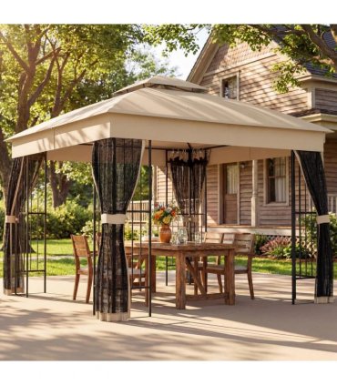 Outsunny 3 x 3 m Outdoor Garden Gazebo with Post Shelves, UPF50 Double Roof Patio Permanent Pavilion, Brown