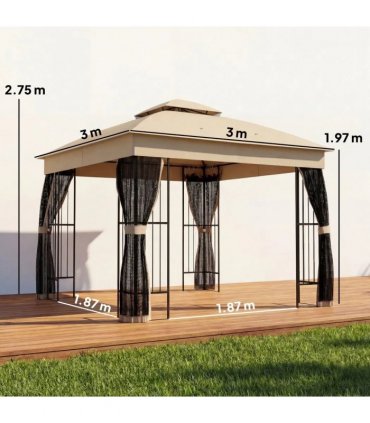 Outsunny 3 x 3 m Outdoor Garden Gazebo with Post Shelves, UPF50 Double Roof Patio Permanent Pavilion, Brown