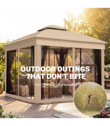 Outsunny 3 x 3 m Outdoor Garden Gazebo with Post Shelves, UPF50 Double Roof Patio Permanent Pavilion, Brown