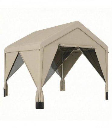 Outsunny 3 x 3 m Patio Gazebo with Netting & Curtains, Outdoor Canopy Shelter with Galvanised Steel Frame, Khaki