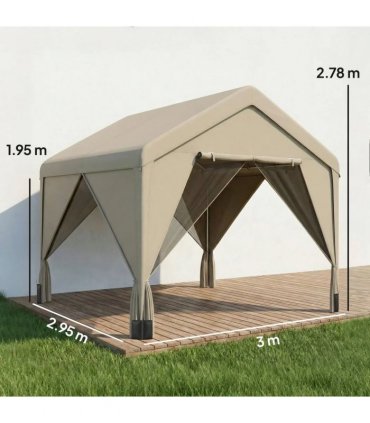 Outsunny 3 x 3 m Patio Gazebo with Netting & Curtains, Outdoor Canopy Shelter with Galvanised Steel Frame, Khaki