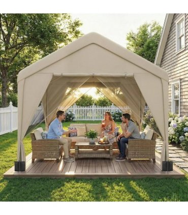 Outsunny 3 x 3 m Patio Gazebo with Netting & Curtains, Outdoor Canopy Shelter with Galvanised Steel Frame, Khaki