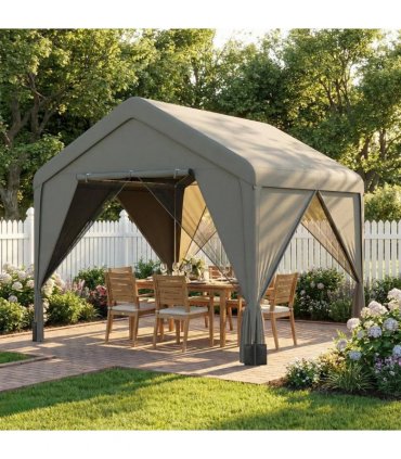 Outsunny 3 x 3 m Patio Gazebo with Netting & Curtains, Outdoor Canopy Shelter with Galvanised Steel Frame, Dark Grey