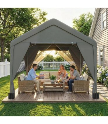 Outsunny 3 x 3 m Patio Gazebo with Netting & Curtains, Outdoor Canopy Shelter with Galvanised Steel Frame, Dark Grey