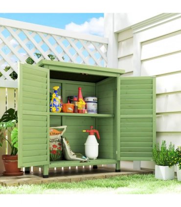 Outsunny Garden Shed Wooden Garden Storage Shed 2 Door Unit Solid Fir Wood Garage Tool Organisation Cabinet, 87L x 46.5W x 96.5Hcm, Green