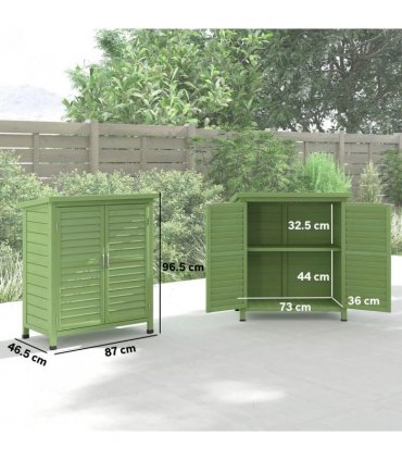 Outsunny Garden Shed Wooden Garden Storage Shed 2 Door Unit Solid Fir Wood Garage Tool Organisation Cabinet, 87L x 46.5W x 96.5Hcm, Green