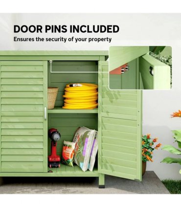 Outsunny Garden Shed Wooden Garden Storage Shed 2 Door Unit Solid Fir Wood Garage Tool Organisation Cabinet, 87L x 46.5W x 96.5Hcm, Green