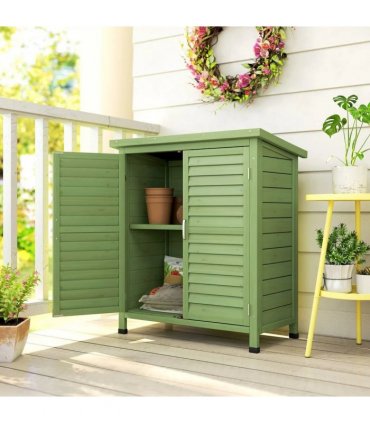 Outsunny Garden Shed Wooden Garden Storage Shed 2 Door Unit Solid Fir Wood Garage Tool Organisation Cabinet, 87L x 46.5W x 96.5Hcm, Green