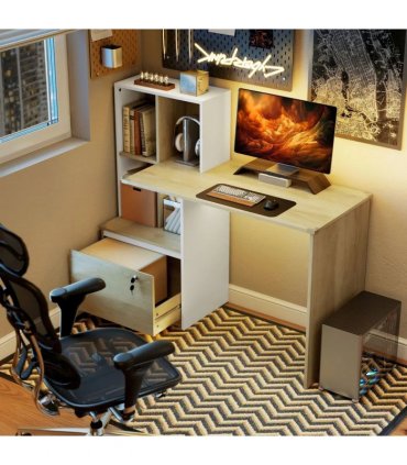 HOMCOM Computer Desk, Office Desk with Bookshelf, File Drawer and Legal Hanging File Holders, Oak Wood Effect