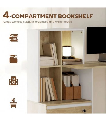 HOMCOM Computer Desk, Office Desk with Bookshelf, File Drawer and Legal Hanging File Holders, Oak Wood Effect