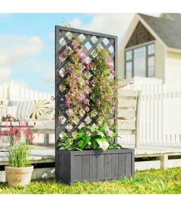 Outsunny Wood Planter with Trellis for Climbing Plants, Raised Bed, Planter Box with Drainage Holes to Grow Herbs Flowers, Grey