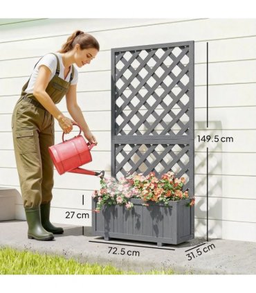 Outsunny Wood Planter with Trellis for Climbing Plants, Raised Bed, Planter Box with Drainage Holes to Grow Herbs Flowers, Grey