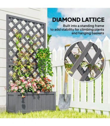 Outsunny Wood Planter with Trellis for Climbing Plants, Raised Bed, Planter Box with Drainage Holes to Grow Herbs Flowers, Grey